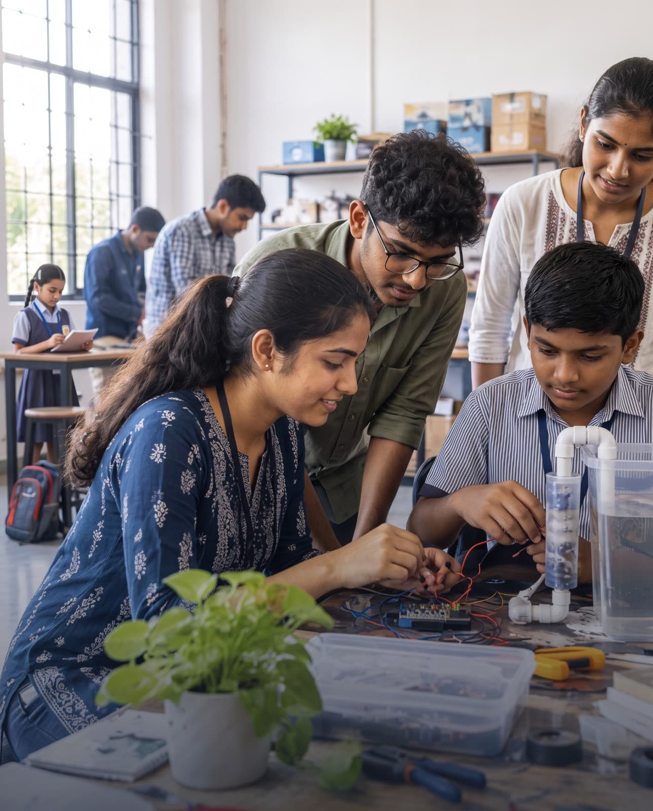 Indian students building a practical prototype together in a community workshop